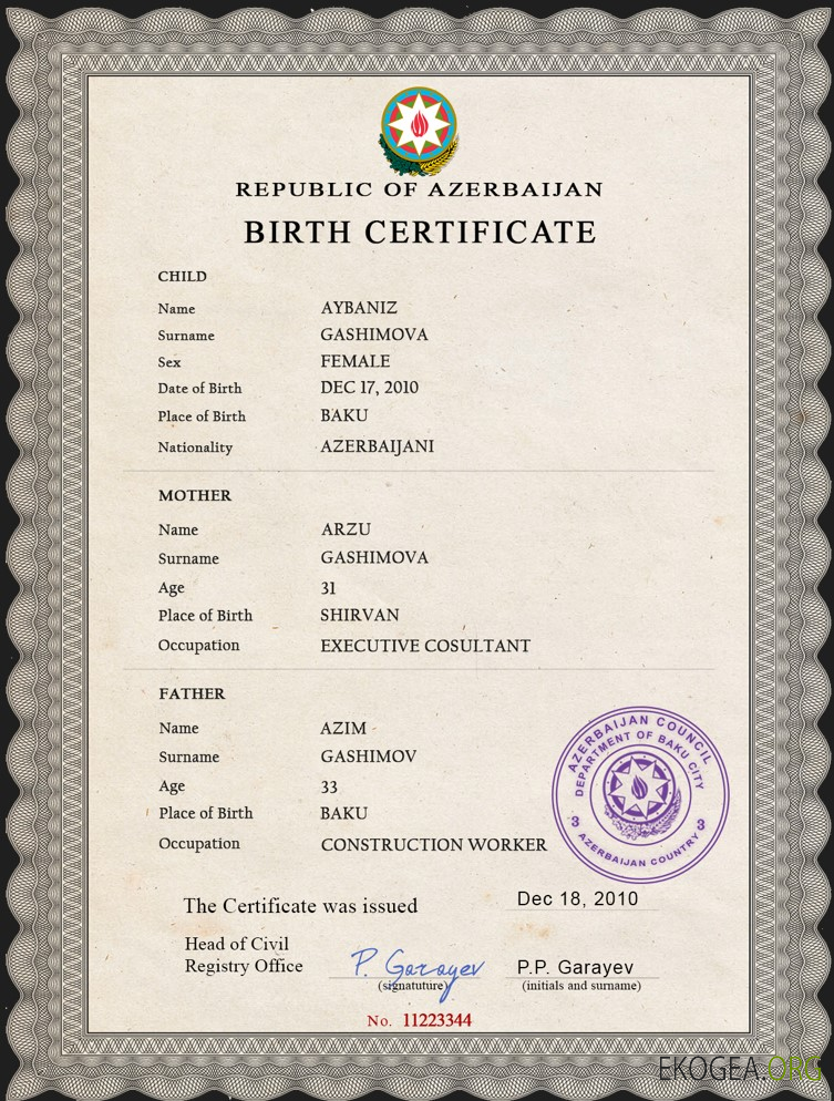 Modèle PSD de certificat de naissance en Azerbaïdjan